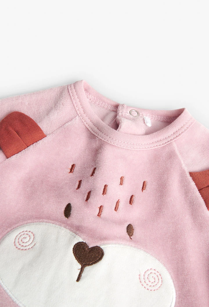 Velvet jumpsuit for baby girl in pink with hearts print