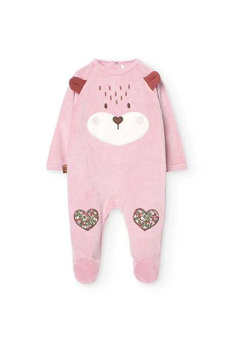 Velvet jumpsuit for baby girl in pink with hearts print