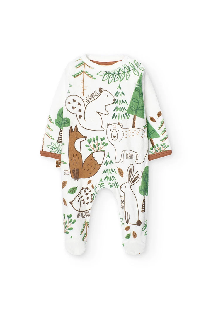 Velvet baby jumpsuit in white with print