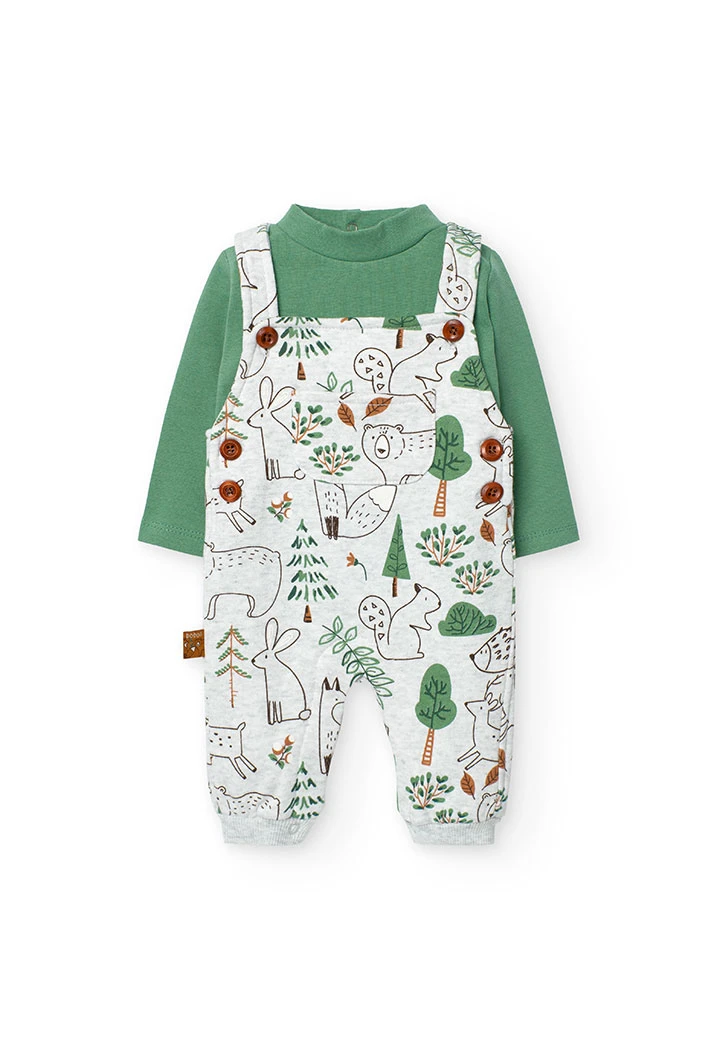 Set of bodysuit and dungarees in green fleece for baby boy