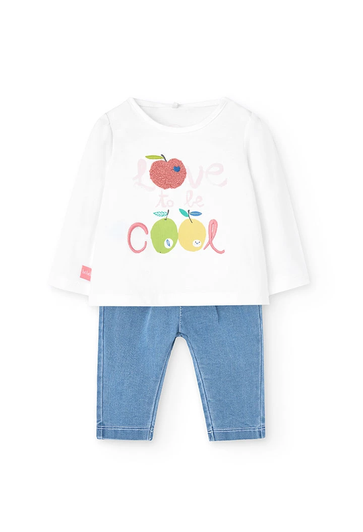 Set coordinato con maglietta e pantaloni in maglia per bambina in colore bianco.