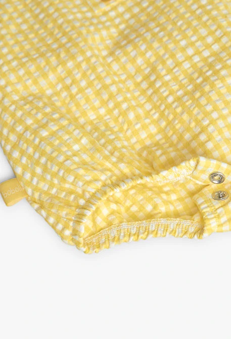 Baby girl\'s poplin romper in yellow check pattern
