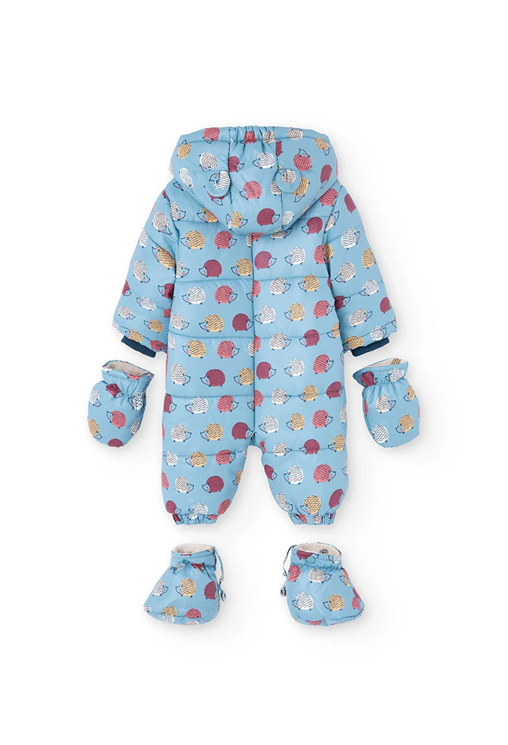 Blue knitted baby romper with animals