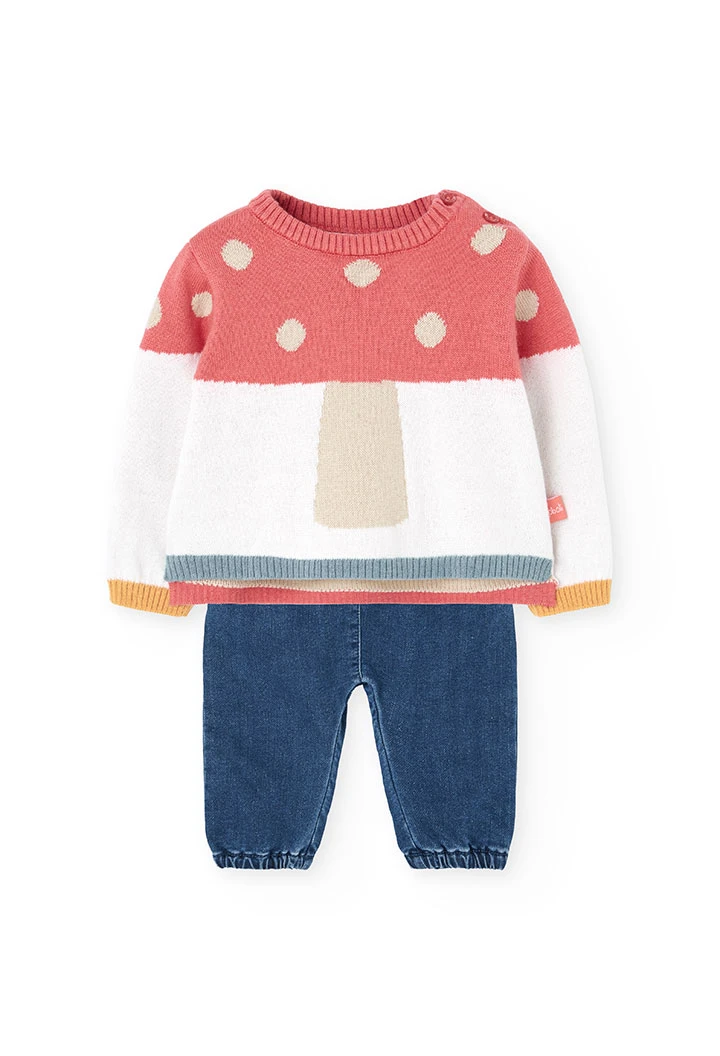 Ensemble bébé en tricot bleu avec des champignons