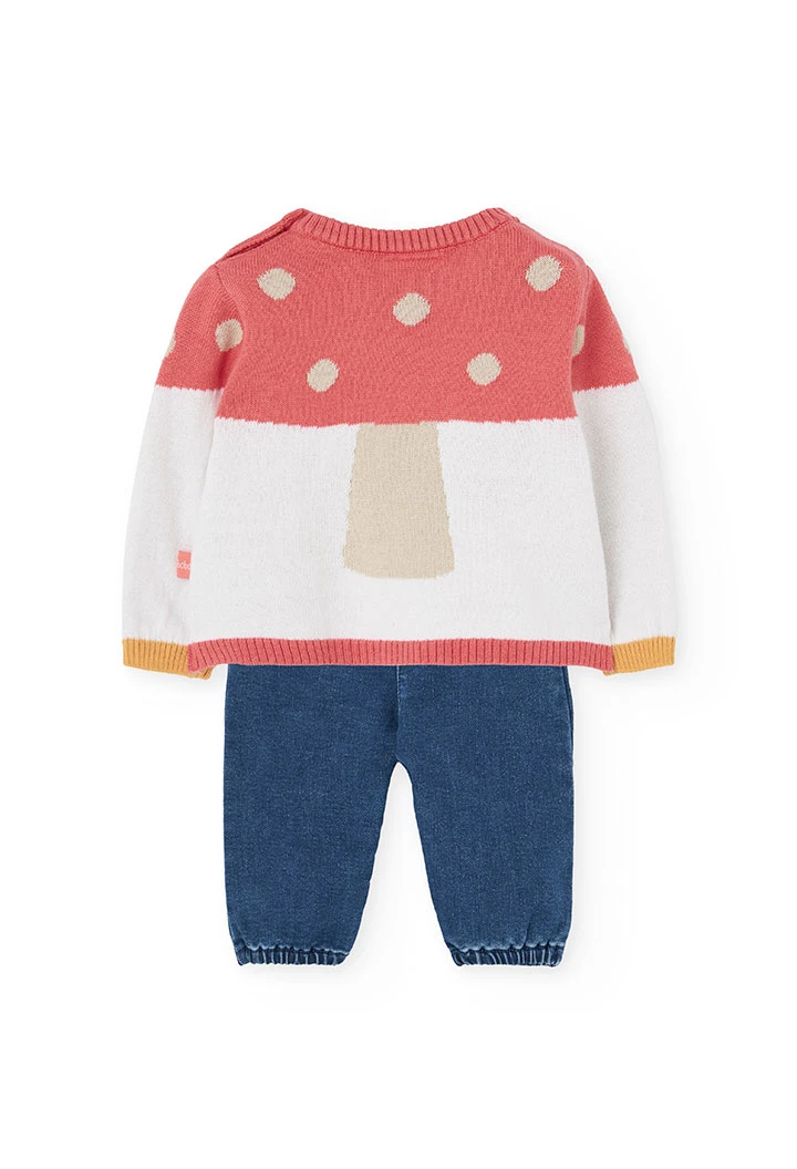 Conjunto de bebé de malha azul com cogumelos