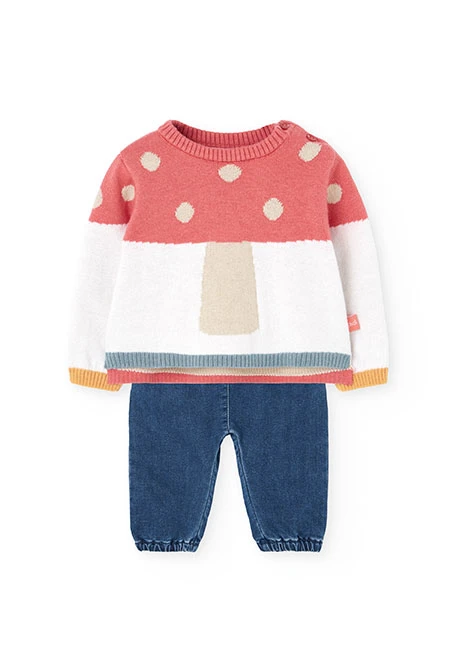 Blaues Baby-Strickset mit Pilzen