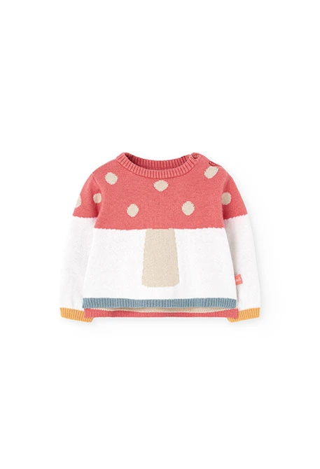 Blue knit baby outfit with mushrooms