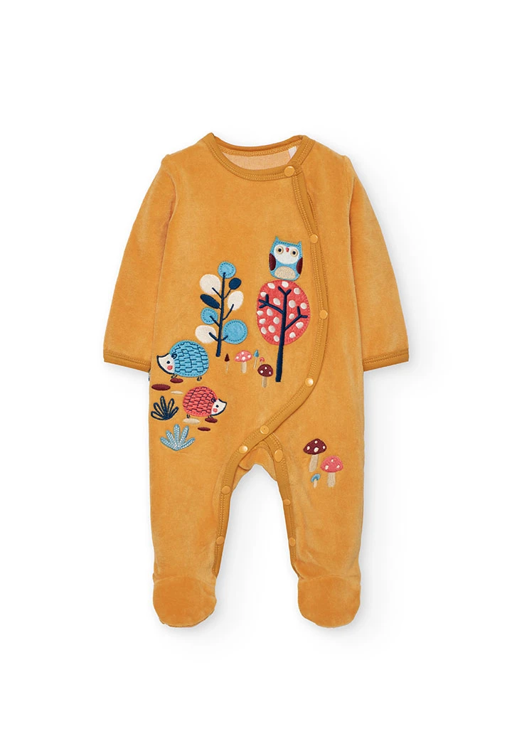 Gelber Baby-Overall aus Samt mit Tieren