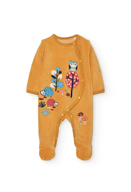 Pagliaccetto neonato in velluto giallo con animali