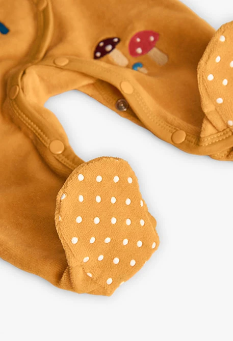 Pagliaccetto neonato in velluto giallo con animali