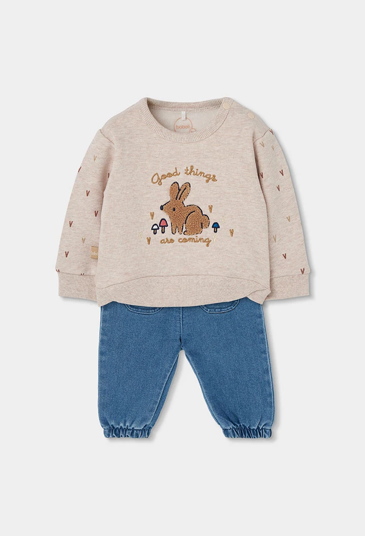 Ensemble maille bébé fille beige broderie lapin