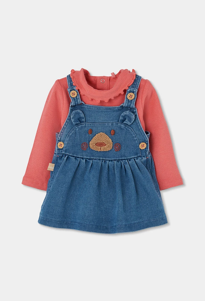 Conjunto em malha denim bebé menina vermelho bordado de urso
