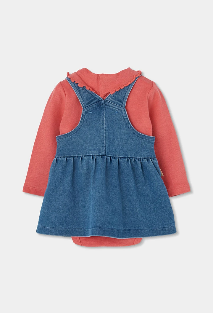 Conjunto em malha denim bebé menina vermelho bordado de urso