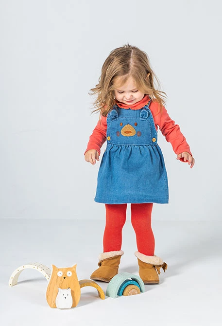 Ensemble maille denim bébé fille rouge broderie ours