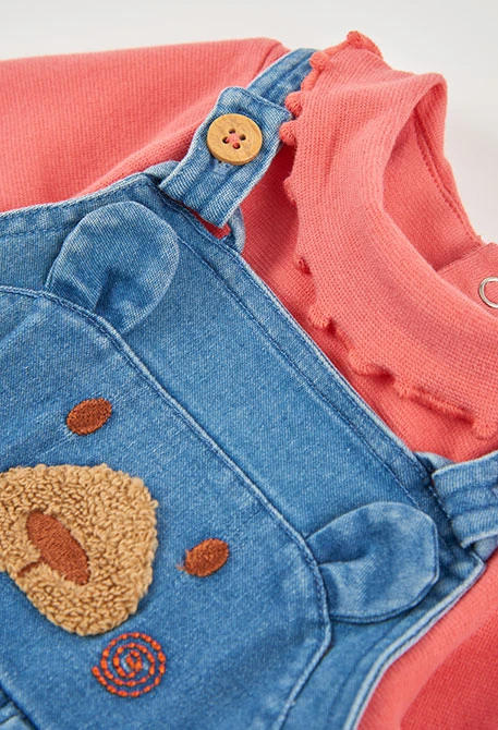Ensemble maille denim bébé fille rouge broderie ours