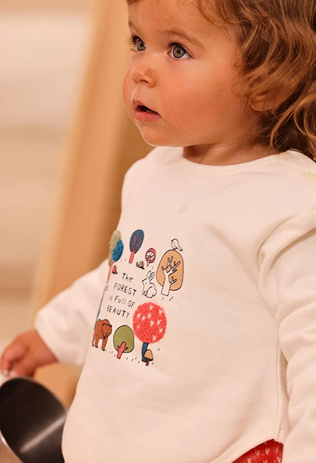 Completo in maglia neonata bambina bianco stampa foresta