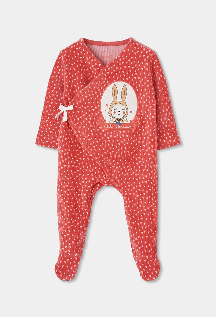 Grenouillère molleton bébé rouge imprimé petit lapin