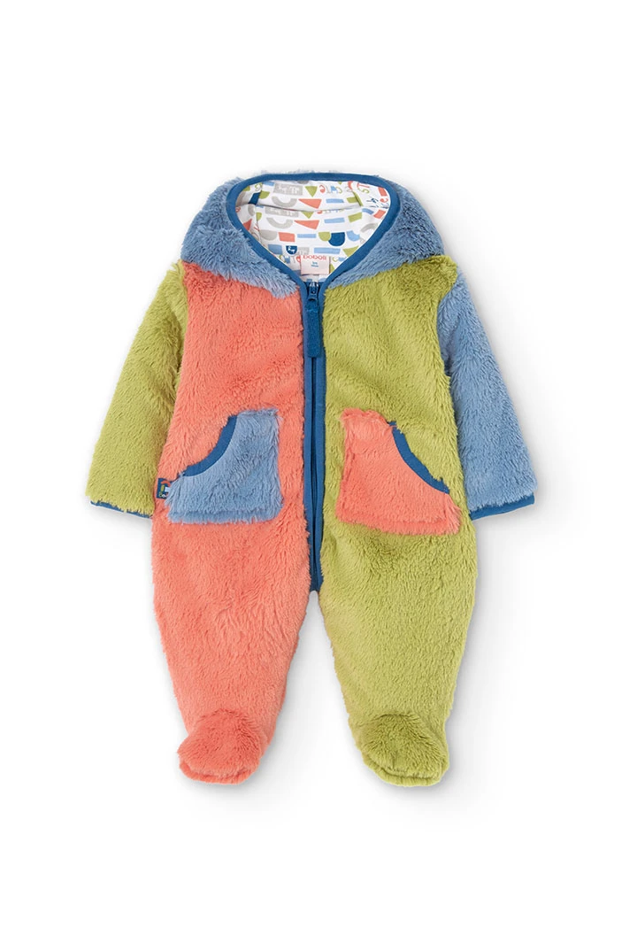 Grenouillère  en peluche pour bébé en couleur corail et vert