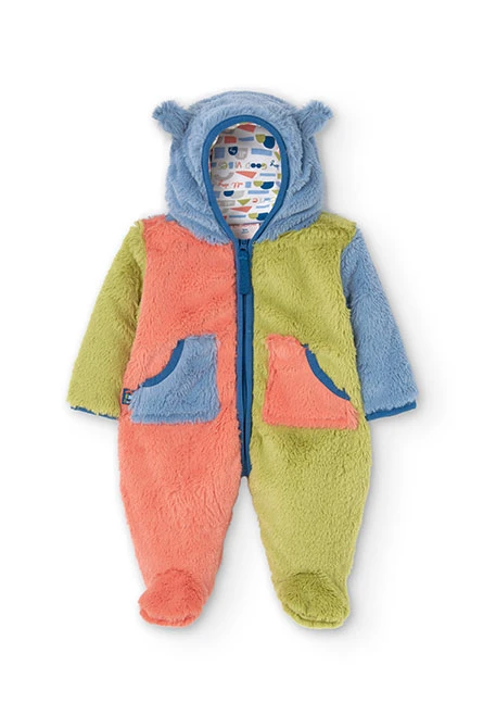 Grenouillère  en peluche pour bébé en couleur corail et vert