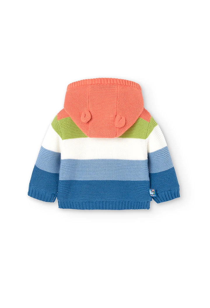 Knitted jacket for baby with coral-coloured striped print