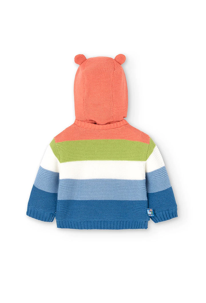 Knitted jacket for baby with coral-coloured striped print