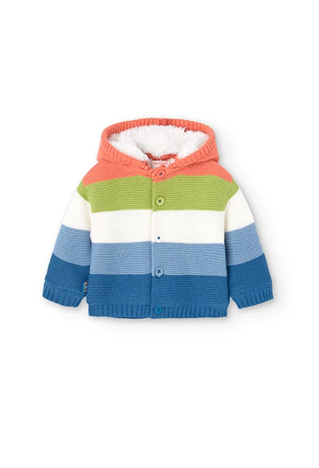 Knitted jacket for baby with coral-coloured striped print