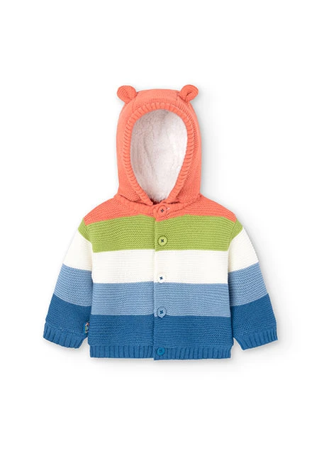 Knitted jacket for baby with coral-coloured striped print