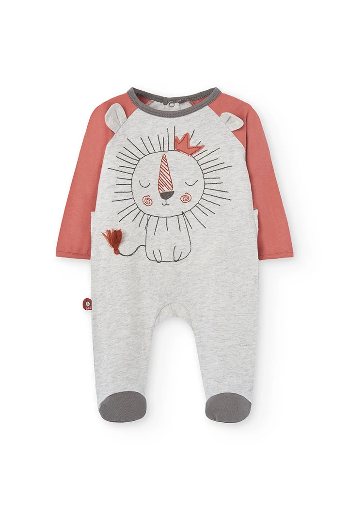 Grenouillère en maille pour bébé coloris écru avec imprimé lion