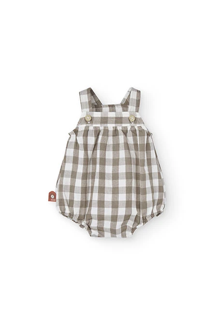 Babygrow de tricô para bebé, com padrão de quadros em tons terra.