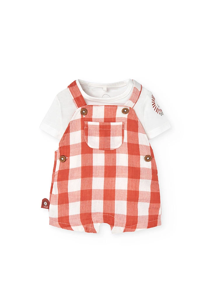Conjunto combinado de malha para bebé menino em laranja e branco com design de xadrez.
