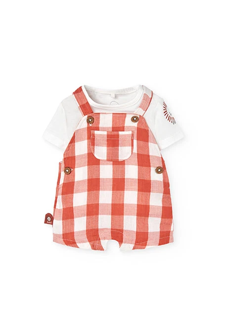 Conjunto combinado de malha para bebé menino em laranja e branco com design de xadrez.