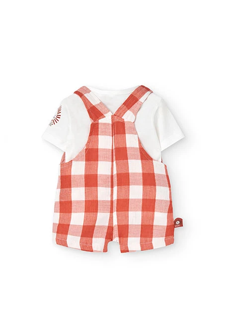 Conjunto combinado de malha para bebé menino em laranja e branco com design de xadrez.