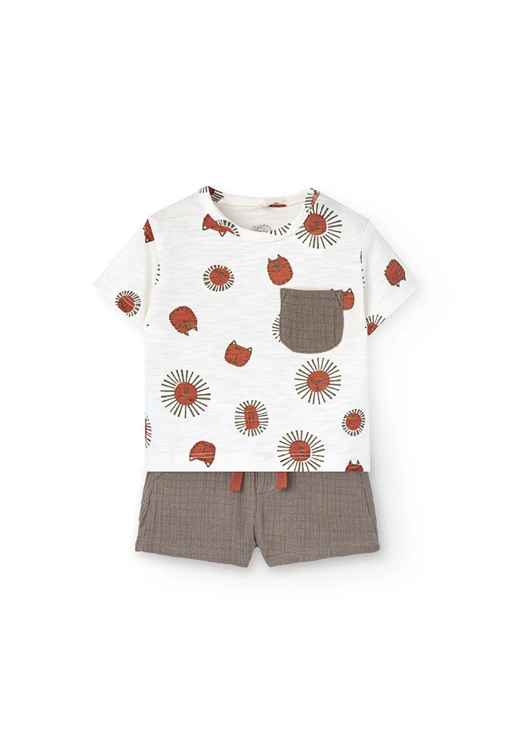 Baby boy knitted set with printed T-shirt and shorts in light and brown colours