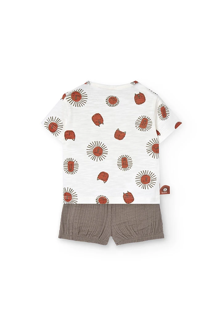 Baby boy knitted set with printed T-shirt and shorts in light and brown colours
