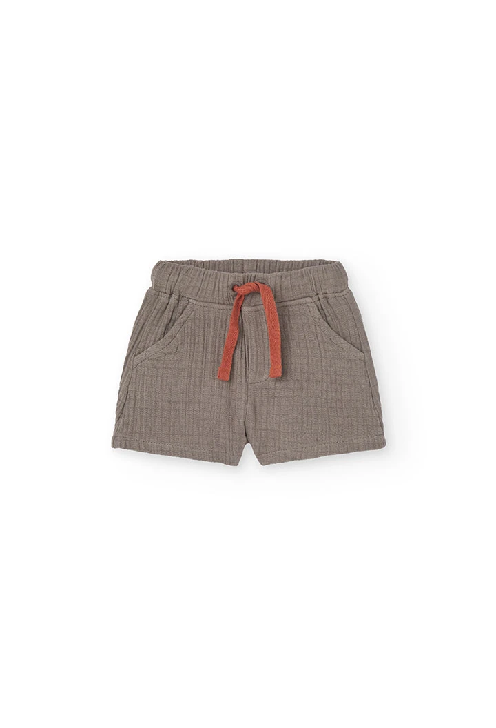 Baby boy knitted set with printed T-shirt and shorts in light and brown colours