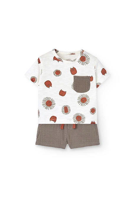Conjunto de bebé menino de malha com estampado de t-shirt e calções em cores claras e castanhas