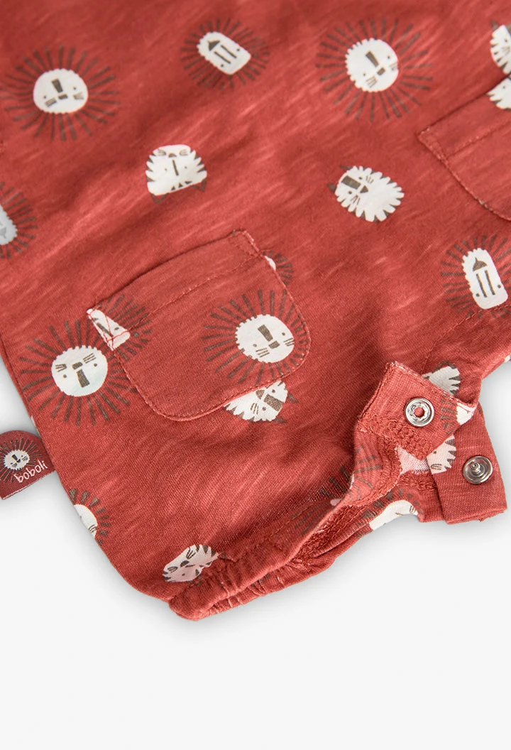 Knitted baby romper for boys in red with print