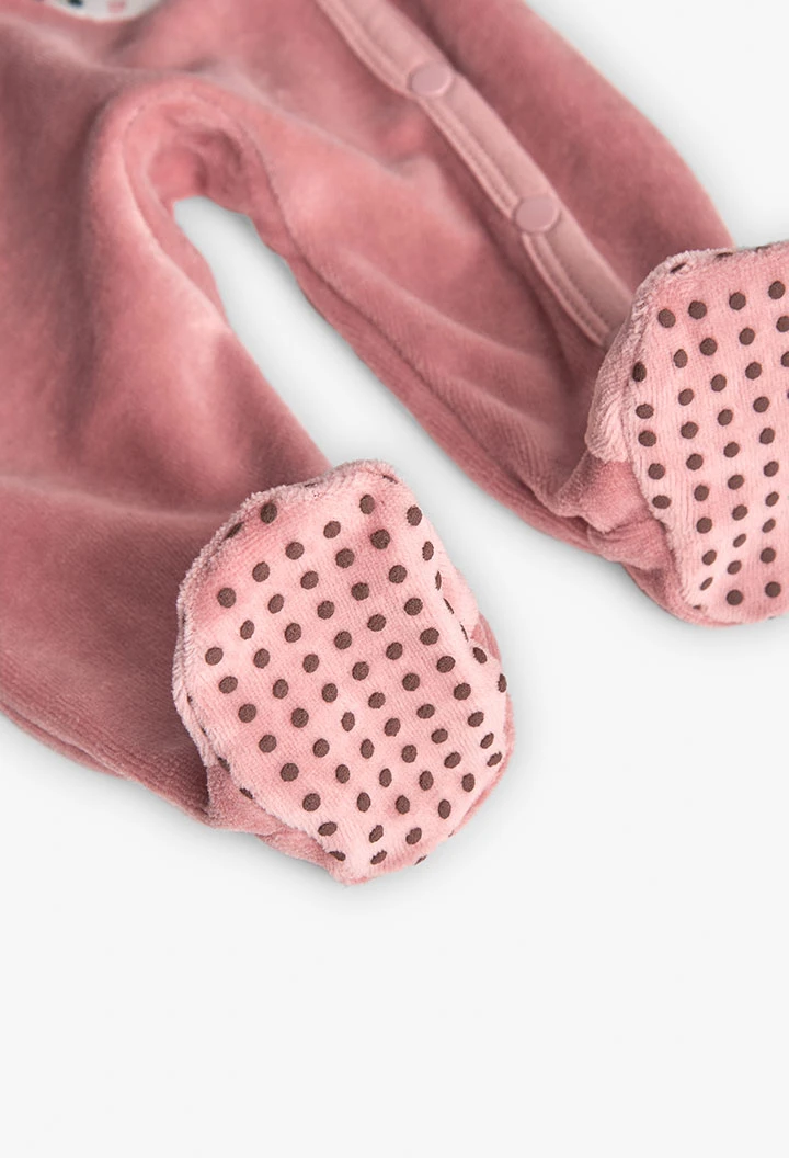 Pink velvet knit baby sleepsuit