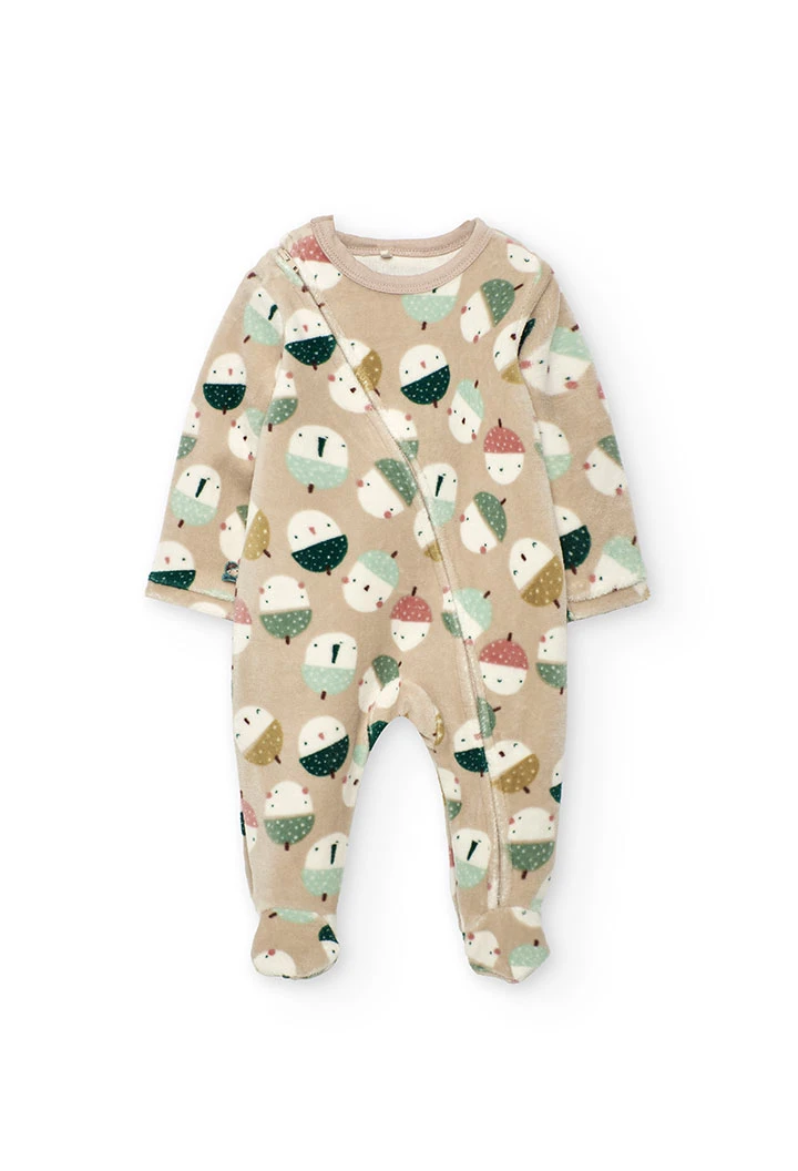 Velour baby sleepsuit with animals in beige