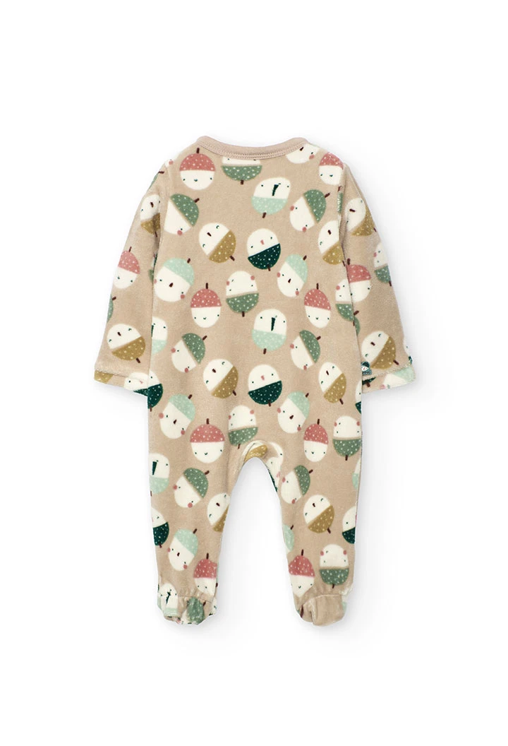 Velour baby sleepsuit with animals in beige