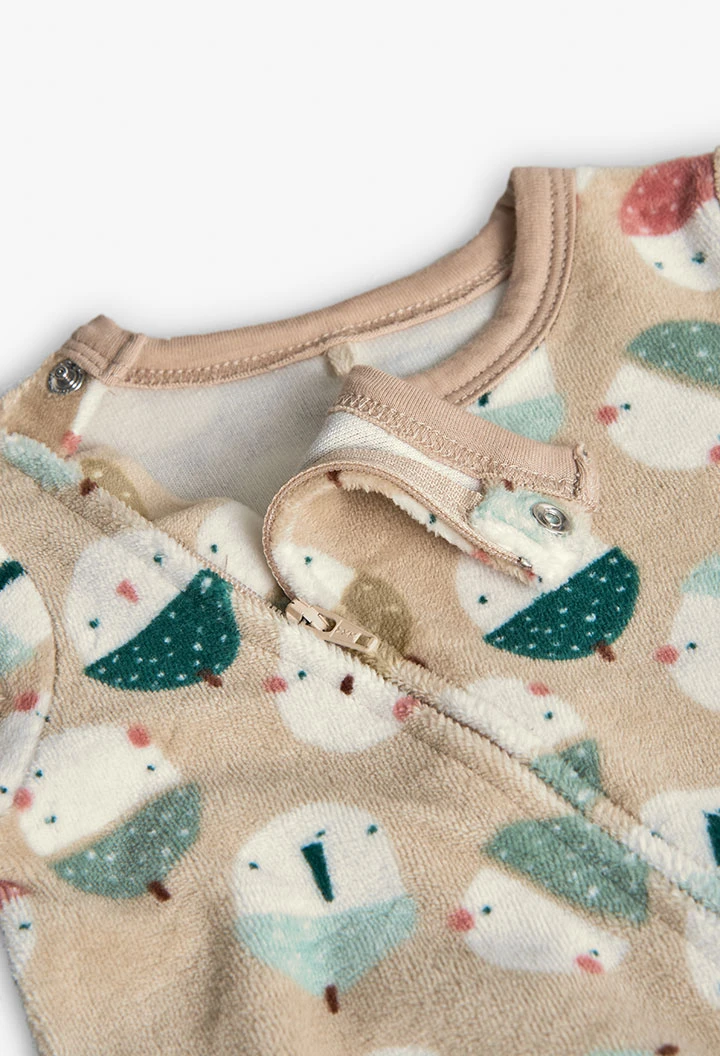 Pijama de bebé em veludo com animais em bege