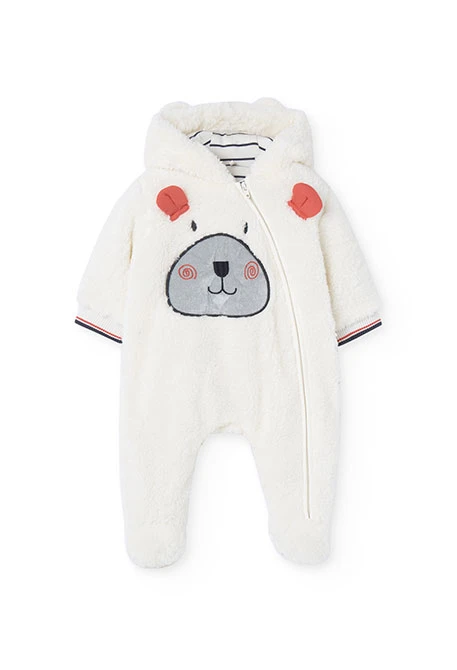 Fleece jumpsuit for baby boy in white with print