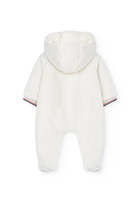 Fleece jumpsuit for baby boy in white with print