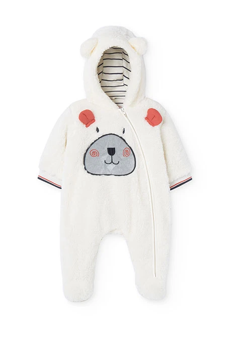 Fleece jumpsuit for baby boy in white with print