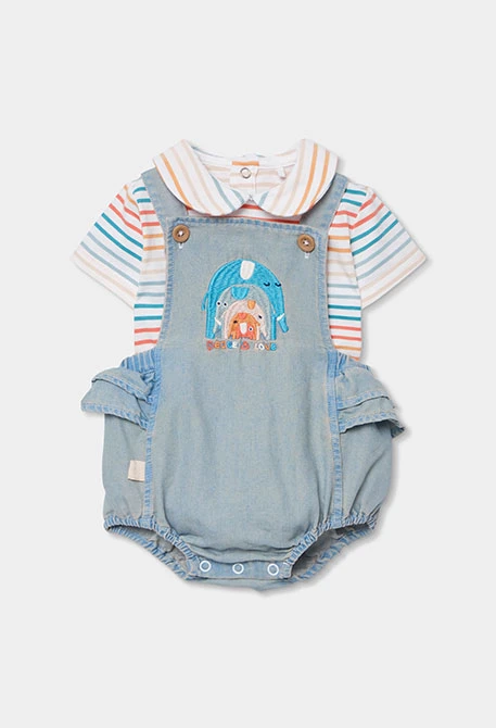 Completo neonato body e salopette in denim