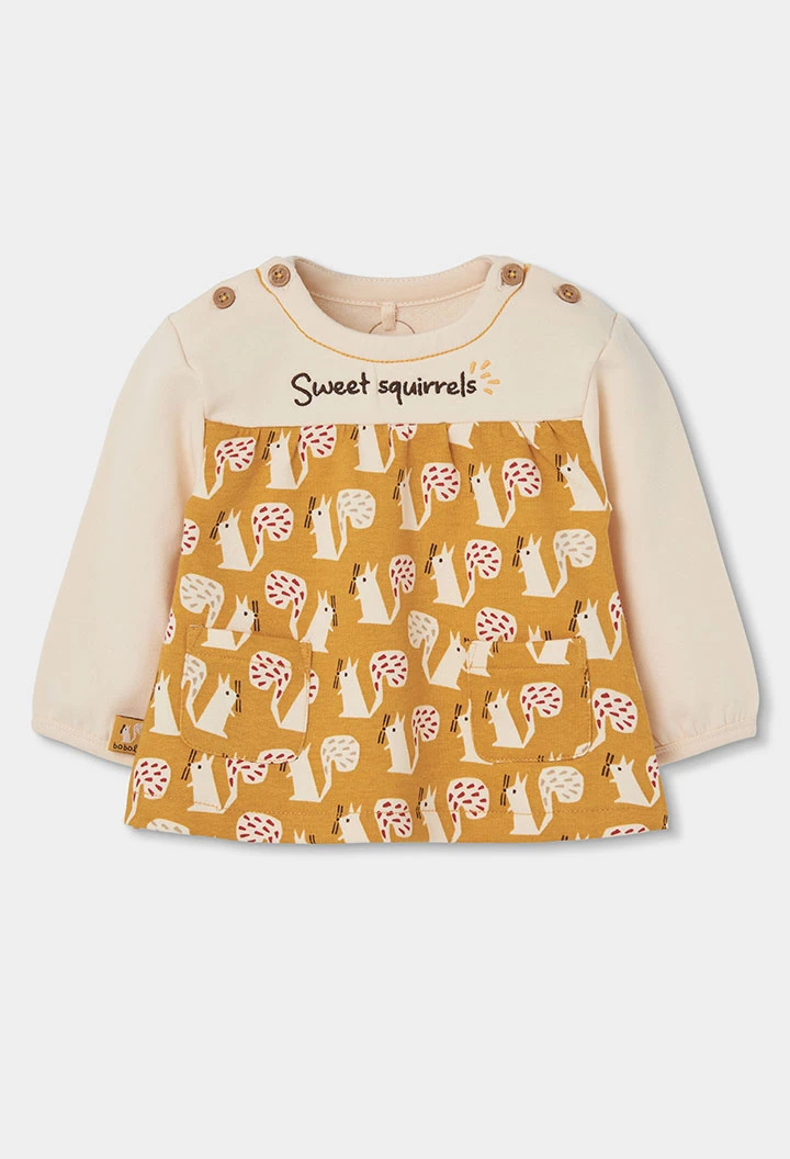 Robe molleton bébé moutarde imprimé écureuils