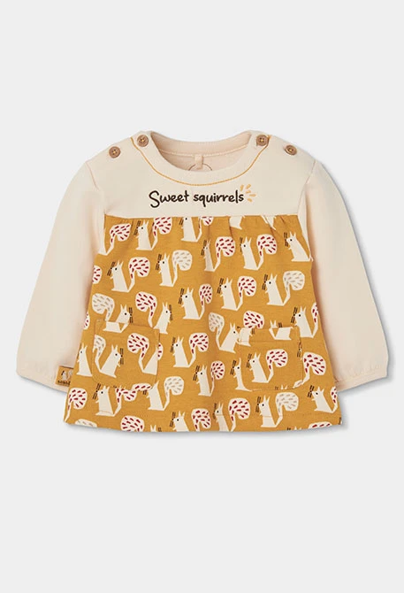 Robe molleton bébé moutarde imprimé écureuils