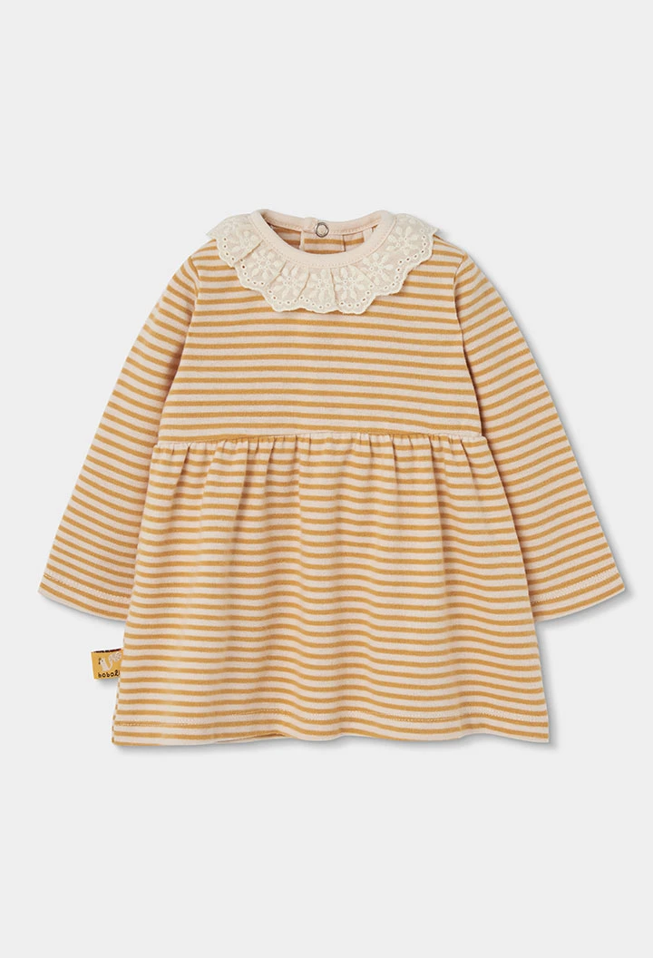 Robe en maille rayée moutarde bébé avec col en dentelle