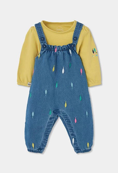 Blaues Denim-Set für Babymädchen mit Blattdruck