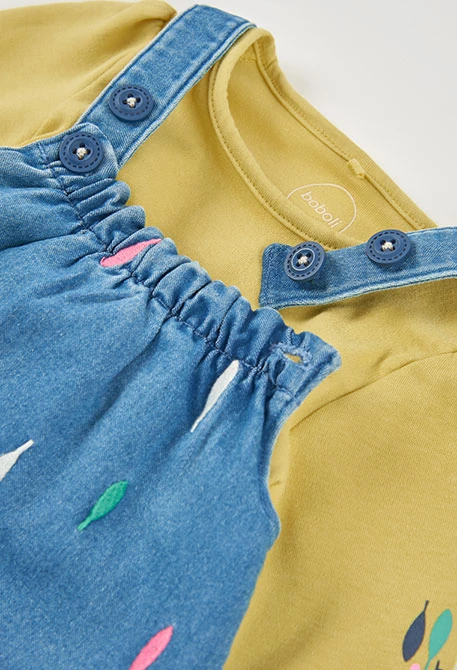 Blaues Denim-Set für Babymädchen mit Blattdruck
